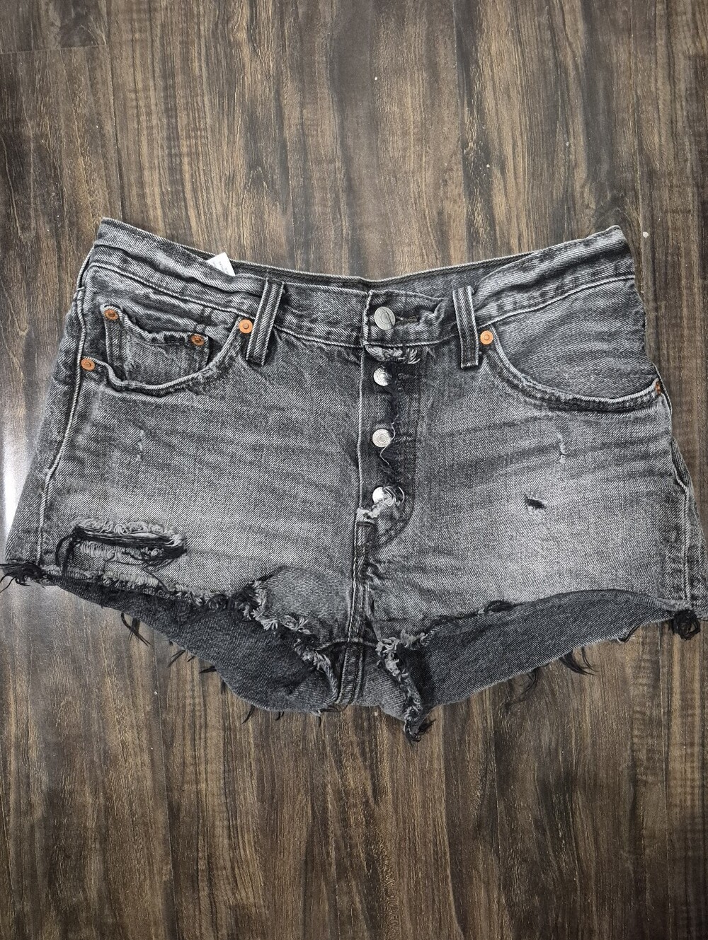 Levi's 501 High Rise Distressed Cutoff Denim Shorts Washed Black Grey Size 29